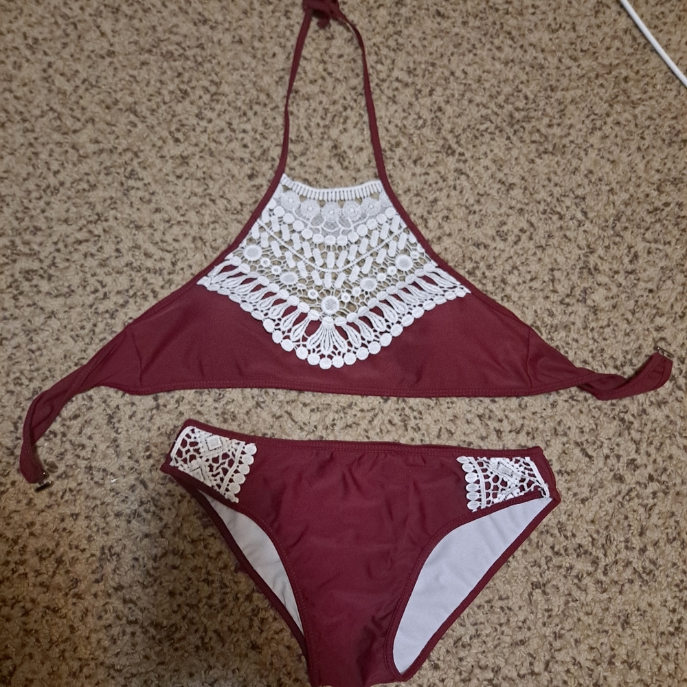 Maroon and White Lace Bikini